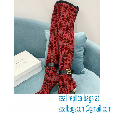 Balmain Heel 9.5cm Raven Thigh-high Boots Knit Red with Monogram Strap 2021