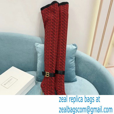 Balmain Heel 9.5cm Raven Thigh-high Boots Knit Red with Monogram Strap 2021 - Click Image to Close