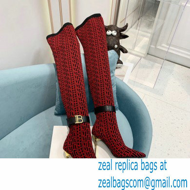 Balmain Heel 9.5cm Raven Thigh-high Boots Knit Red with Monogram Strap 2021