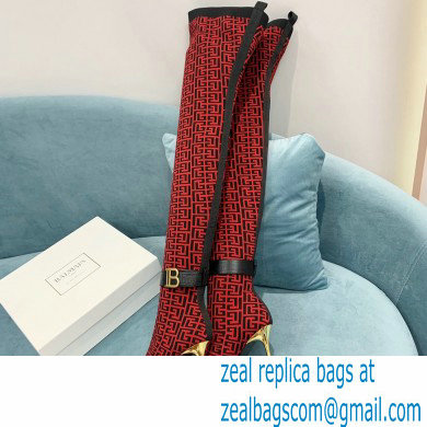 Balmain Heel 9.5cm Raven Thigh-high Boots Knit Red with Monogram Strap 2021