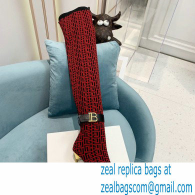 Balmain Heel 9.5cm Raven Thigh-high Boots Knit Red with Monogram Strap 2021 - Click Image to Close