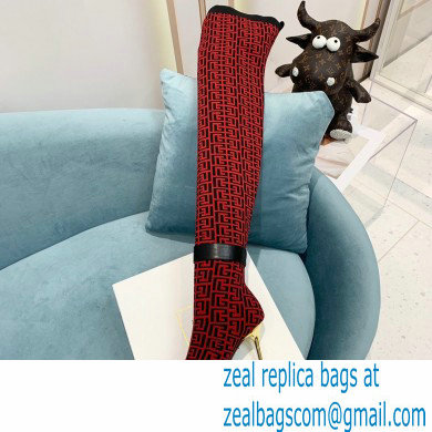 Balmain Heel 9.5cm Raven Thigh-high Boots Knit Red with Monogram Strap 2021 - Click Image to Close