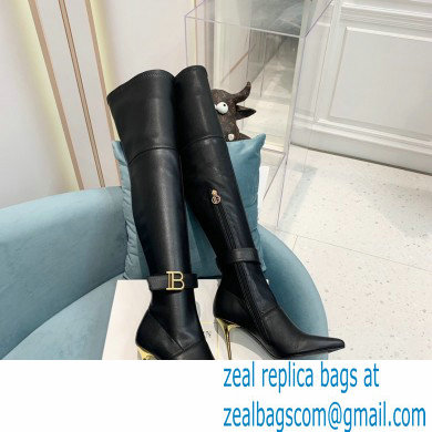 Balmain Heel 9.5cm Raven Thigh-high Boots Leather Black 2021 - Click Image to Close