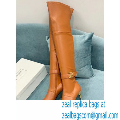 Balmain Heel 9.5cm Raven Thigh-high Boots Leather Brown 2021 - Click Image to Close