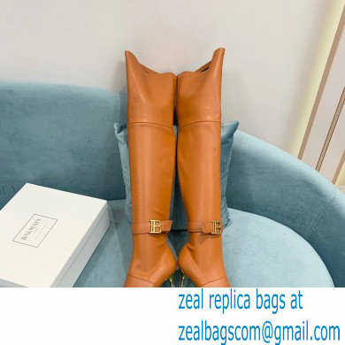 Balmain Heel 9.5cm Raven Thigh-high Boots Leather Brown 2021 - Click Image to Close