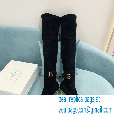 Balmain Heel 9.5cm Raven Thigh-high Boots Suede Black 2021