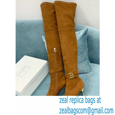 Balmain Heel 9.5cm Raven Thigh-high Boots Suede Brown 2021 - Click Image to Close