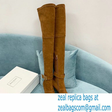 Balmain Heel 9.5cm Raven Thigh-high Boots Suede Brown 2021