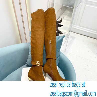 Balmain Heel 9.5cm Raven Thigh-high Boots Suede Brown 2021 - Click Image to Close