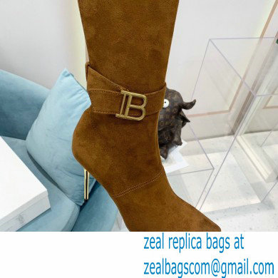 Balmain Heel 9.5cm Raven Thigh-high Boots Suede Brown 2021 - Click Image to Close