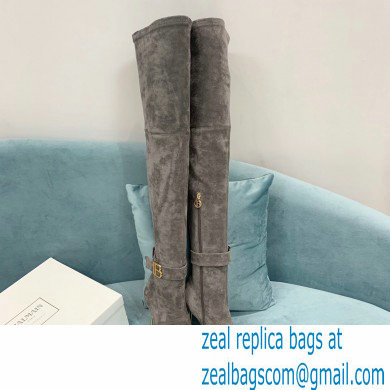 Balmain Heel 9.5cm Raven Thigh-high Boots Suede Gray 2021 - Click Image to Close