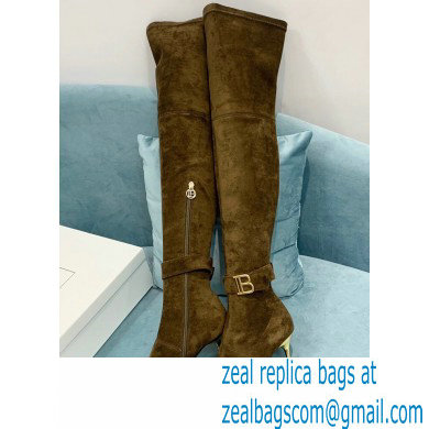 Balmain Heel 9.5cm Raven Thigh-high Boots Suede Khaki 2021 - Click Image to Close