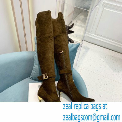 Balmain Heel 9.5cm Raven Thigh-high Boots Suede Khaki 2021 - Click Image to Close