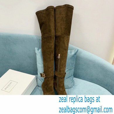 Balmain Heel 9.5cm Raven Thigh-high Boots Suede Khaki 2021 - Click Image to Close