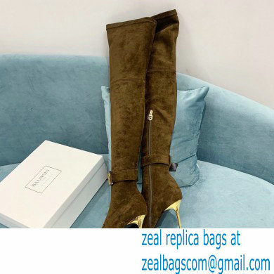 Balmain Heel 9.5cm Raven Thigh-high Boots Suede Khaki 2021 - Click Image to Close