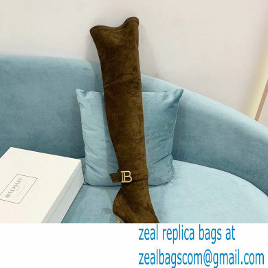 Balmain Heel 9.5cm Raven Thigh-high Boots Suede Khaki 2021