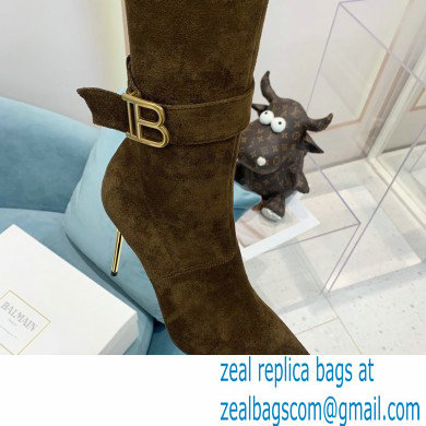 Balmain Heel 9.5cm Raven Thigh-high Boots Suede Khaki 2021