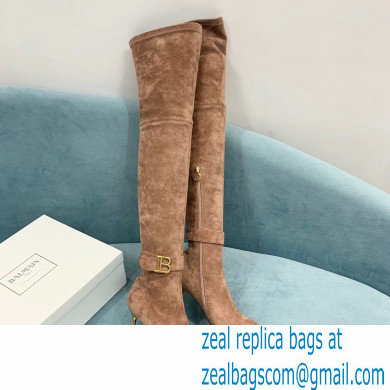 Balmain Heel 9.5cm Raven Thigh-high Boots Suede Nude 2021 - Click Image to Close