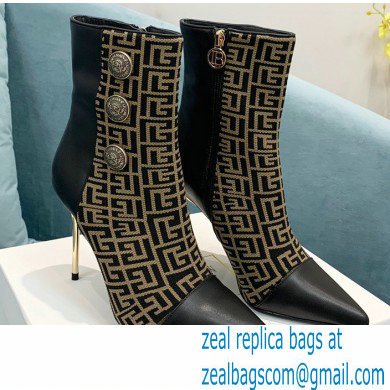 Balmain Heel 9.5cm Roni Ankle Boots Bimaterial Jacquard and Leather Black/Brown with Balmain Monogram 2021