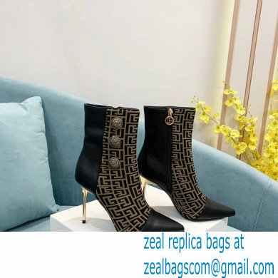Balmain Heel 9.5cm Roni Ankle Boots Bimaterial Jacquard and Leather Black/Brown with Balmain Monogram 2021 - Click Image to Close