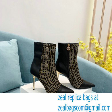 Balmain Heel 9.5cm Roni Ankle Boots Bimaterial Jacquard and Leather Black/Brown with Balmain Monogram 2021