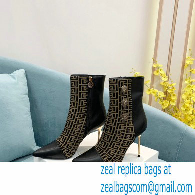 Balmain Heel 9.5cm Roni Ankle Boots Bimaterial Jacquard and Leather Black/Brown with Balmain Monogram 2021