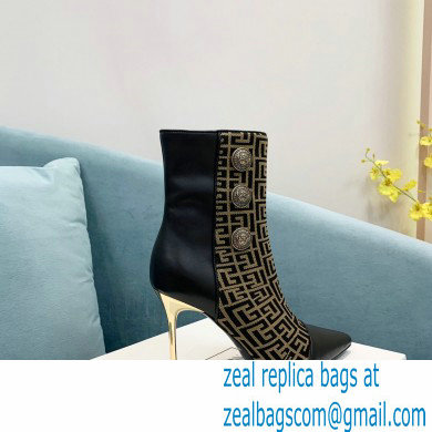 Balmain Heel 9.5cm Roni Ankle Boots Bimaterial Jacquard and Leather Black/Brown with Balmain Monogram 2021 - Click Image to Close