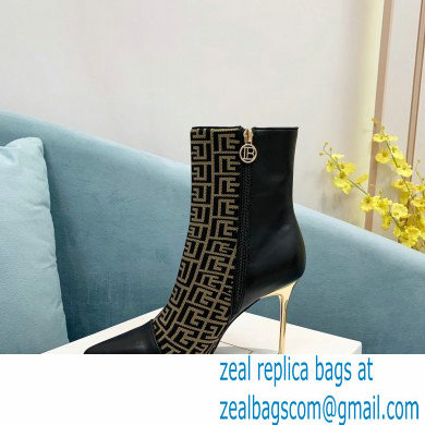 Balmain Heel 9.5cm Roni Ankle Boots Bimaterial Jacquard and Leather Black/Brown with Balmain Monogram 2021