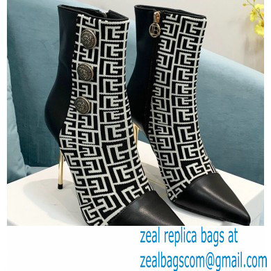 Balmain Heel 9.5cm Roni Ankle Boots Bimaterial Jacquard and Leather Black/White with Balmain Monogram 2021 - Click Image to Close