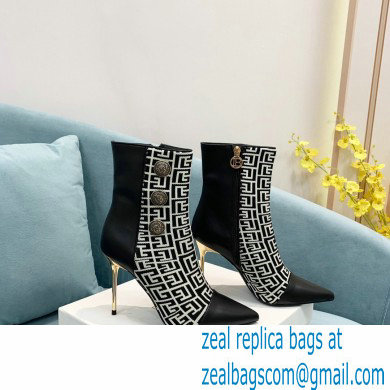 Balmain Heel 9.5cm Roni Ankle Boots Bimaterial Jacquard and Leather Black/White with Balmain Monogram 2021 - Click Image to Close