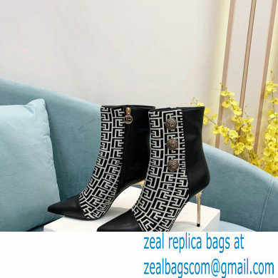 Balmain Heel 9.5cm Roni Ankle Boots Bimaterial Jacquard and Leather Black/White with Balmain Monogram 2021