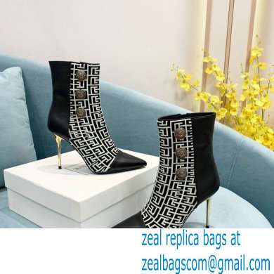 Balmain Heel 9.5cm Roni Ankle Boots Bimaterial Jacquard and Leather Black/White with Balmain Monogram 2021 - Click Image to Close