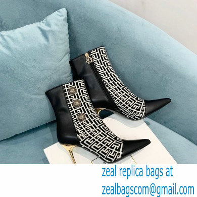 Balmain Heel 9.5cm Roni Ankle Boots Bimaterial Jacquard and Leather Black/White with Balmain Monogram 2021 - Click Image to Close