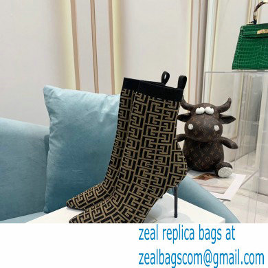 Balmain Heel 9.5cm Stretch Knit Skye Ankle Boots Black/Brown With Balmain Monogram 2021 - Click Image to Close