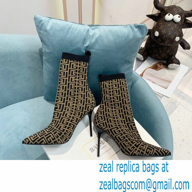 Balmain Heel 9.5cm Stretch Knit Skye Ankle Boots Black/Brown With Balmain Monogram 2021 - Click Image to Close