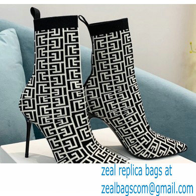 Balmain Heel 9.5cm Stretch Knit Skye Ankle Boots Black/White With Balmain Monogram 2021 - Click Image to Close