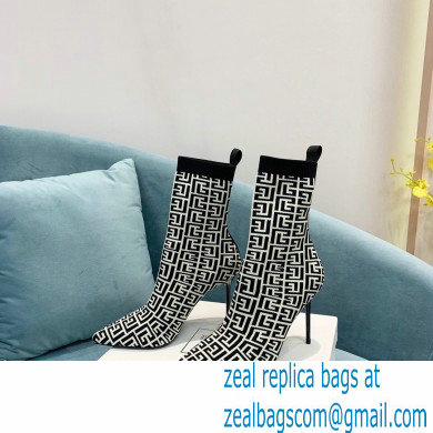 Balmain Heel 9.5cm Stretch Knit Skye Ankle Boots Black/White With Balmain Monogram 2021 - Click Image to Close
