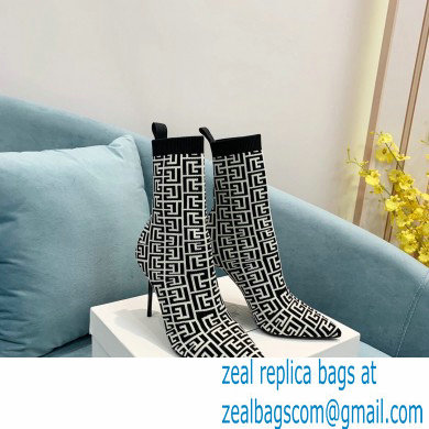 Balmain Heel 9.5cm Stretch Knit Skye Ankle Boots Black/White With Balmain Monogram 2021 - Click Image to Close