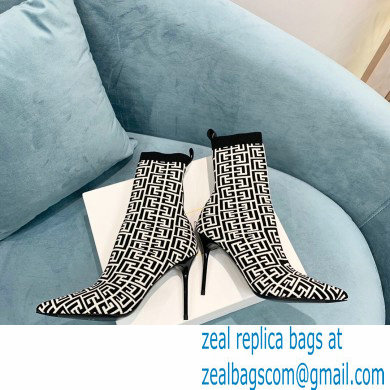 Balmain Heel 9.5cm Stretch Knit Skye Ankle Boots Black/White With Balmain Monogram 2021 - Click Image to Close