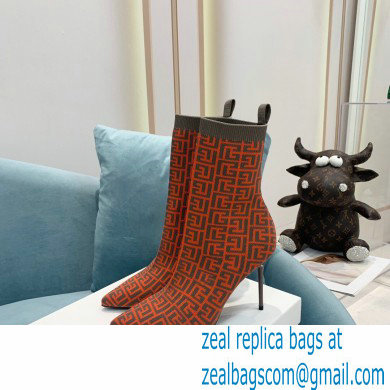 Balmain Heel 9.5cm Stretch Knit Skye Ankle Boots Orange With Balmain Monogram 2021