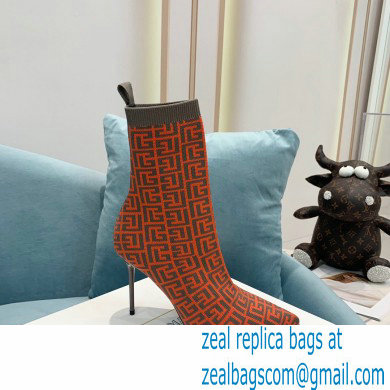 Balmain Heel 9.5cm Stretch Knit Skye Ankle Boots Orange With Balmain Monogram 2021