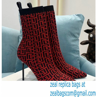 Balmain Heel 9.5cm Stretch Knit Skye Ankle Boots Red With Balmain Monogram 2021