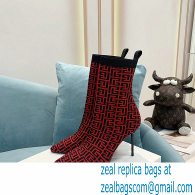 Balmain Heel 9.5cm Stretch Knit Skye Ankle Boots Red With Balmain Monogram 2021