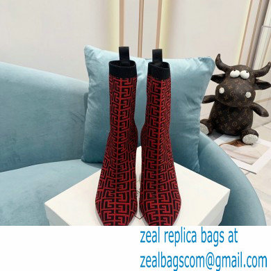 Balmain Heel 9.5cm Stretch Knit Skye Ankle Boots Red With Balmain Monogram 2021