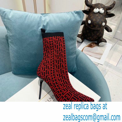 Balmain Heel 9.5cm Stretch Knit Skye Ankle Boots Red With Balmain Monogram 2021