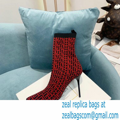 Balmain Heel 9.5cm Stretch Knit Skye Ankle Boots Red With Balmain Monogram 2021