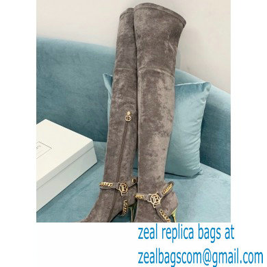 Balmain Okt Chain Detail Thigh-high Boots Suede Gray 2021