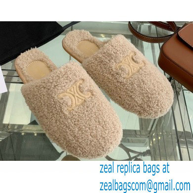 Celine Fur Slides Triomphe Closed Slippers in Shearling Beige 2021 - Click Image to Close