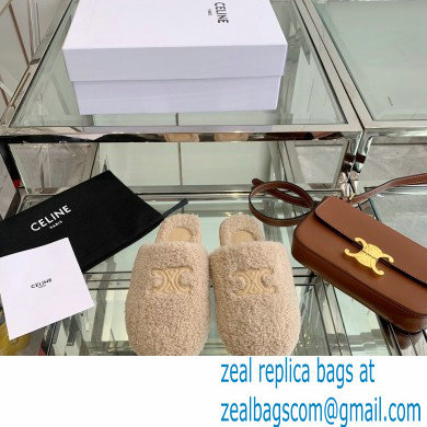 Celine Fur Slides Triomphe Closed Slippers in Shearling Beige 2021