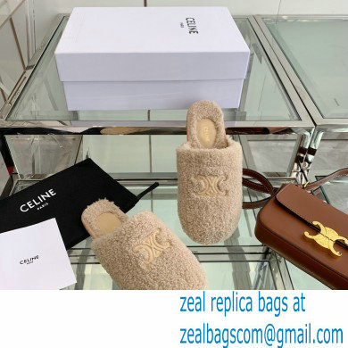 Celine Fur Slides Triomphe Closed Slippers in Shearling Beige 2021